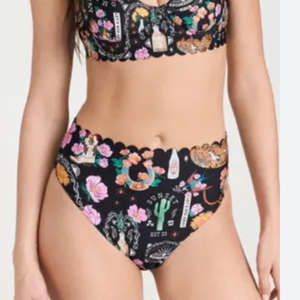 NWOT High Waist Floral Print Bikini Bottom - Black